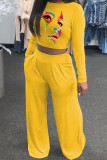 Yellow Casual Print Patchwork O Neck Long Sleeve Two Pieces