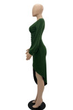 Green Sexy Solid Patchwork Fold Asymmetrical V Neck Long Sleeve Dresses