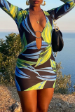 Green Sexy Print Patchwork V Neck Pencil Skirt Dresses