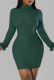 Red Sexy Solid Patchwork Feathers Backless Turtleneck Long Sleeve Dresses