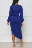 Purple Sexy Solid Patchwork Fold Asymmetrical V Neck Long Sleeve Dresses