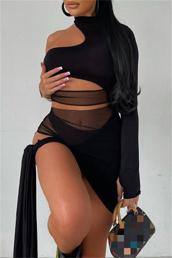 Black Sexy Solid Bandage Hollowed Out Patchwork Turtleneck Long Sleeve Dresses