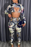 Black Sexy Print Patchwork Half A Turtleneck Long Sleeve Two Pieces