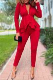 Red Casual Solid Patchwork V Neck Long Sleeve Two Pieces