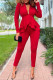 Red Casual Solid Patchwork V Neck Long Sleeve Two Pieces