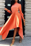 Orange Casual Solid Patchwork Asymmetrical Turtleneck Long Sleeve Dresses