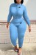 Light Blue Street Print Fold Letter O Neck Long Sleeve Two Pieces