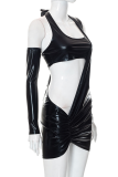 Black Sexy Solid Patchwork Halter Long Sleeve Two Pieces