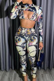 Black Sexy Print Patchwork Half A Turtleneck Long Sleeve Two Pieces