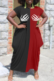 Rose Red Street Print Patchwork O Neck Dresses