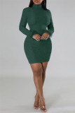 Red Sexy Solid Patchwork Feathers Backless Turtleneck Long Sleeve Dresses