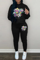 Black Casual Print Patchwork Hooded Collar Long Sleeve Two Pieces
