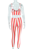 Red Sexy Striped Patchwork Spaghetti Strap Sleeveless Two Pieces