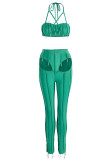 Green Sexy Solid Hollowed Out Patchwork Asymmetrical Halter Sleeveless Two Pieces
