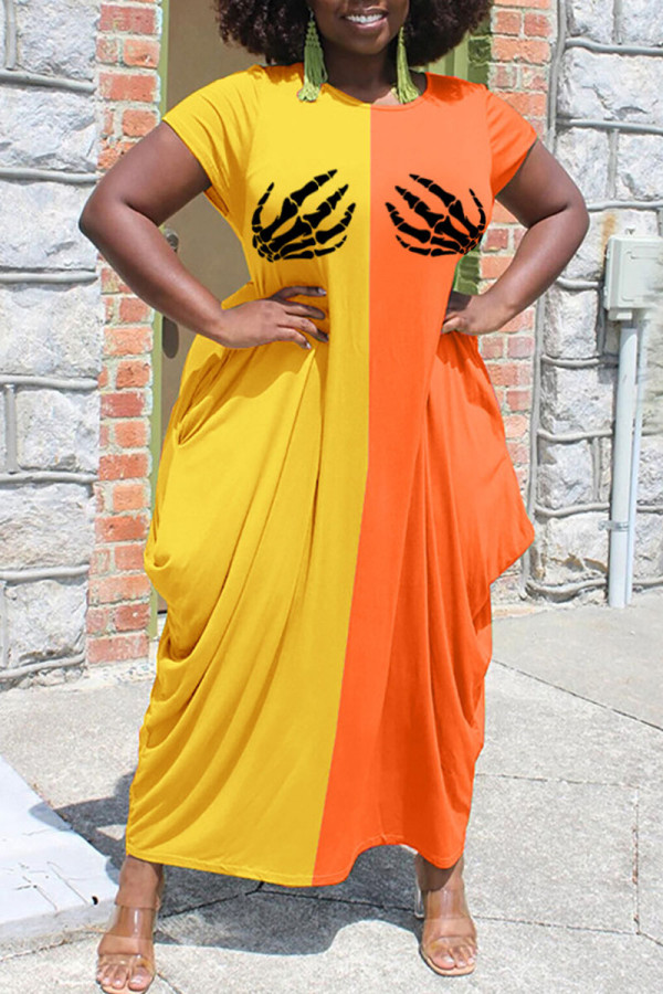 Yellow Street Print Patchwork O Neck Dresses