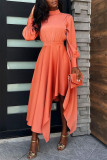 Orange Casual Solid Patchwork Asymmetrical Turtleneck Long Sleeve Dresses