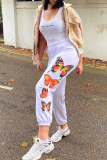 Red Casual Butterfly Print Patchwork Harlan Mid Waist Harlan Full Print Bottoms