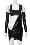 Black Sexy Solid Patchwork Halter Long Sleeve Two Pieces
