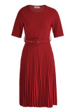 Burgundy Casual Solid Patchwork Tear With Belt O Neck A Line Dresses