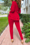 Red Casual Solid Patchwork V Neck Long Sleeve Two Pieces