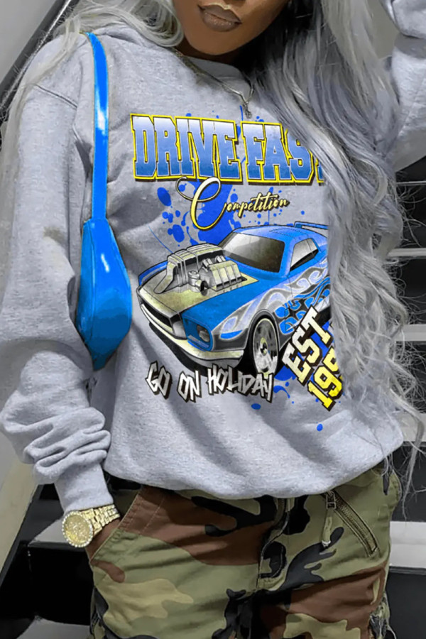 Grey Casual Print Patchwork Basic Hooded Collar Tops