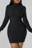 Red Sexy Solid Patchwork Feathers Backless Turtleneck Long Sleeve Dresses