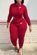 Red Street Print Fold Letter O Neck Long Sleeve Two Pieces