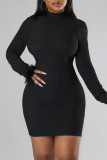 Red Sexy Solid Patchwork Feathers Backless Turtleneck Long Sleeve Dresses