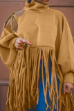 Black Casual Vintage Solid Tassel Turtleneck Tops