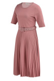 Pink Casual Solid Patchwork Tear With Belt O Neck A Line Dresses