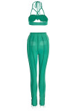 Green Sexy Solid Hollowed Out Patchwork Asymmetrical Halter Sleeveless Two Pieces