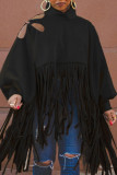 Black Casual Vintage Solid Tassel Turtleneck Tops