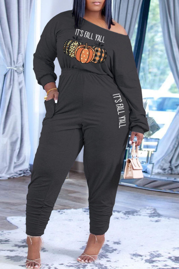 Black Casual Print Patchwork O Neck Straight Jumpsuits