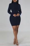 Red Sexy Solid Patchwork Feathers Backless Turtleneck Long Sleeve Dresses