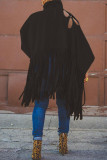 Black Casual Vintage Solid Tassel Turtleneck Tops
