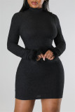 Red Sexy Solid Patchwork Feathers Backless Turtleneck Long Sleeve Dresses