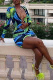 Green Sexy Print Patchwork V Neck Pencil Skirt Dresses