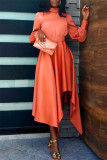 Orange Casual Solid Patchwork Asymmetrical Turtleneck Long Sleeve Dresses