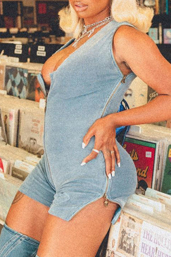 Blue Sexy Solid Patchwork Zipper V Neck Regular Rompers