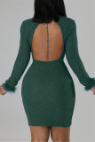 Red Sexy Solid Patchwork Feathers Backless Turtleneck Long Sleeve Dresses