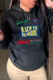 Black Casual Letter Print Patchwork Hooded Collar Tops