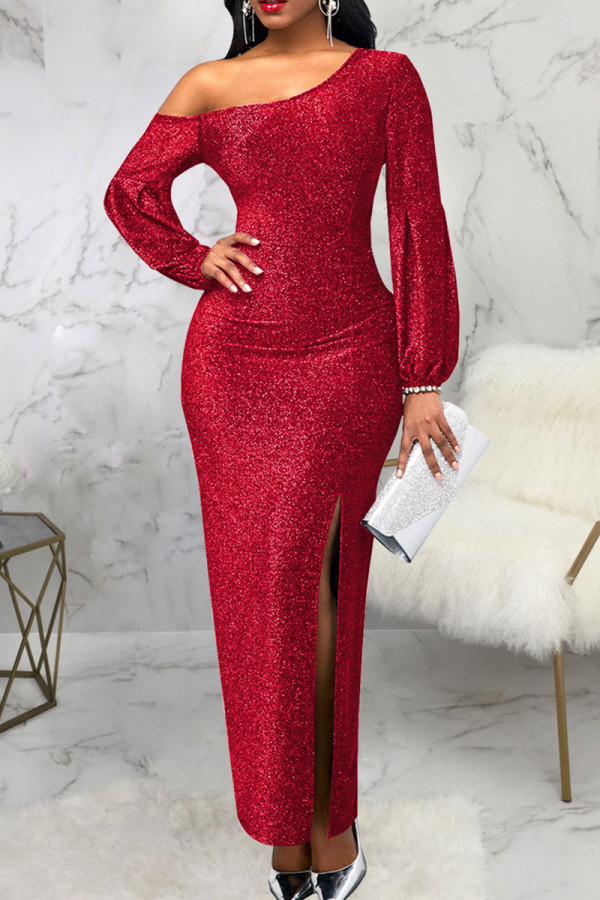 Red Sexy Solid Patchwork Slit Oblique Collar Dresses