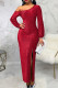Red Sexy Solid Patchwork Slit Oblique Collar Dresses