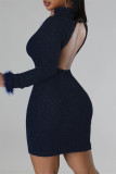 Red Sexy Solid Patchwork Feathers Backless Turtleneck Long Sleeve Dresses