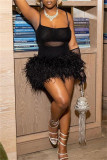 Black Sexy Solid Patchwork See-through Backless Spaghetti Strap Sleeveless Dress Dresses