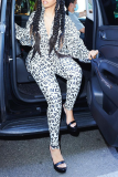 White Casual Print Patchwork Turndown Collar Long Sleeve Two Pieces