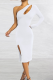 White Sexy Solid Hollowed Out One Shoulder Pencil Skirt Dresses