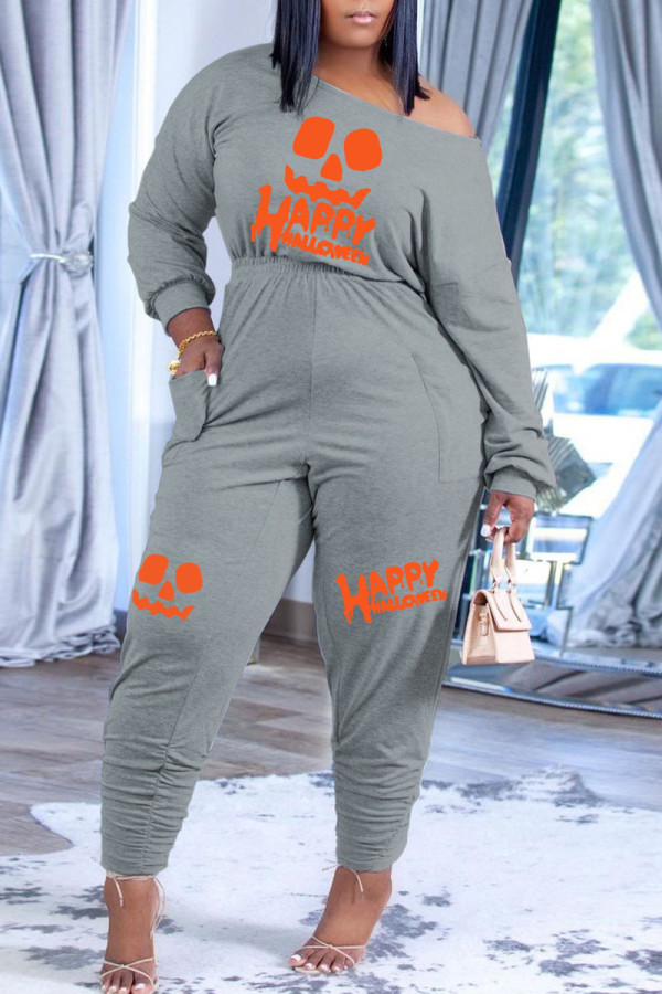 Grey Casual Print Patchwork O Neck Loose Jumpsuits