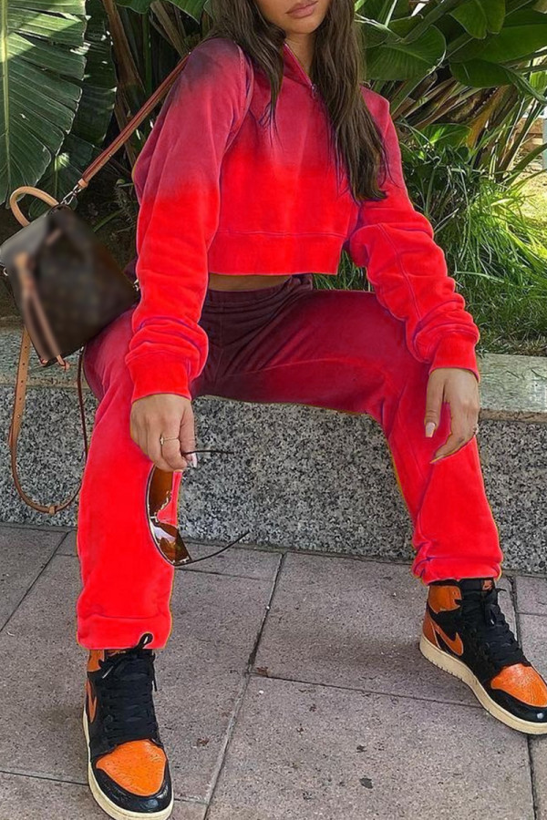 Red Casual Gradual Change Print Patchwork Hooded Collar Long Sleeve Two Pieces