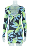 Green Sexy Print Patchwork V Neck Pencil Skirt Dresses